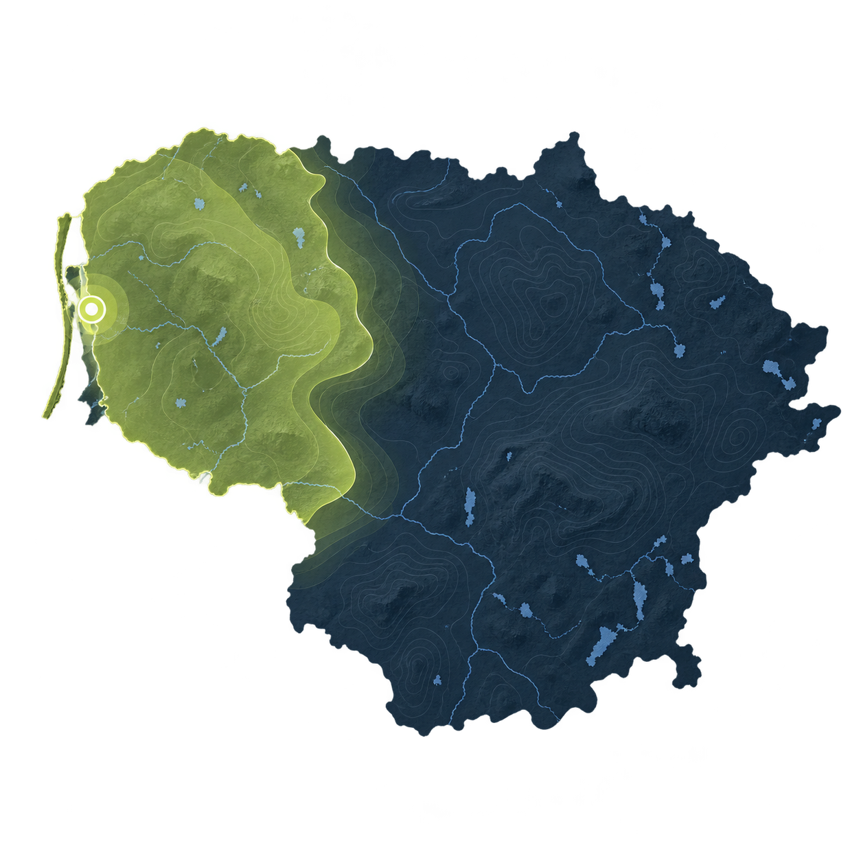 Lietuvos žemėlapis: žaliai pažymėta INNOWIRE sistemų įrengimo ir priežiūros teritorija vakarų Lietuvoje